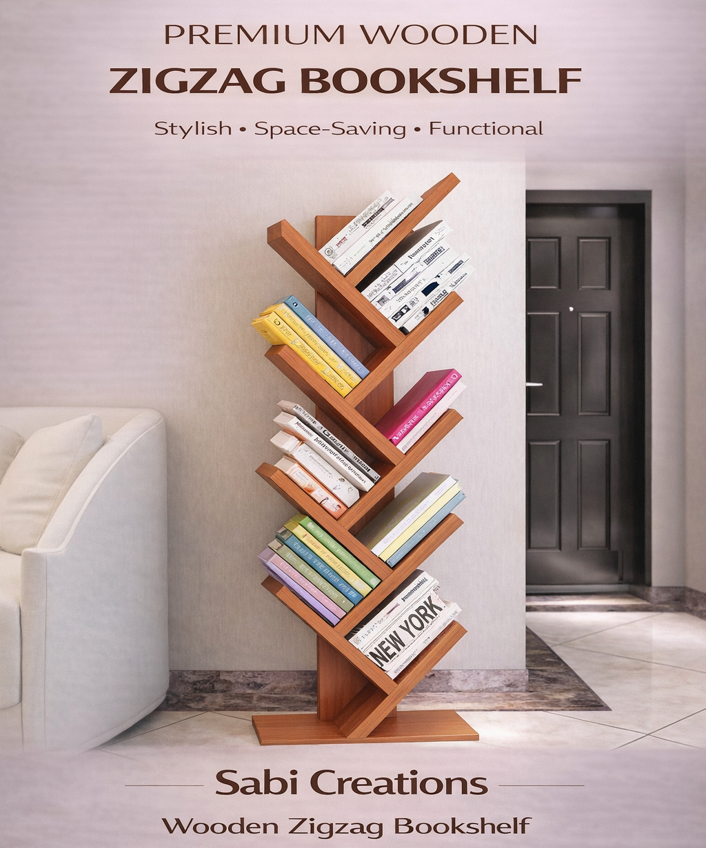 PREMIUM WOODEN ZIGZAG BOOKSHELF